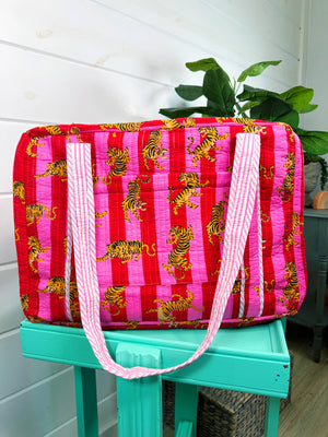 Pink Striped Quilted Tiger Print Duffle Bag