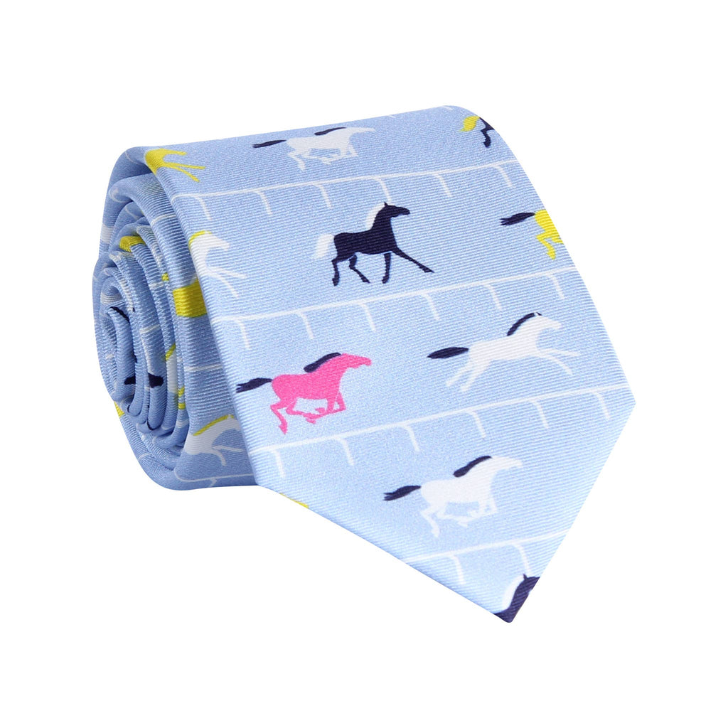 Horse Racing Light Blue Multi Color Horses Necktie