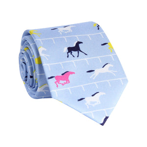 Horse Racing Light Blue Multi Color Horses Necktie
