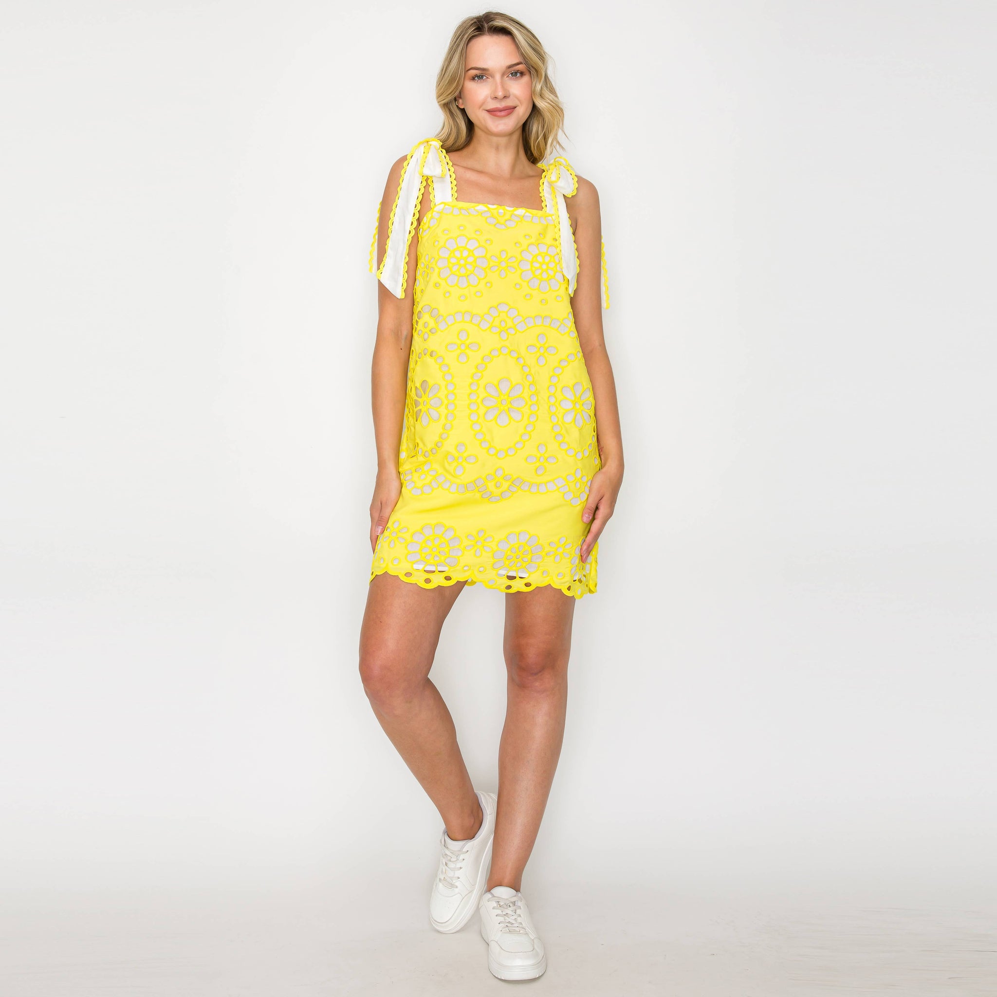 Yellow Daisy Eyelet Embroidery Mini Dress