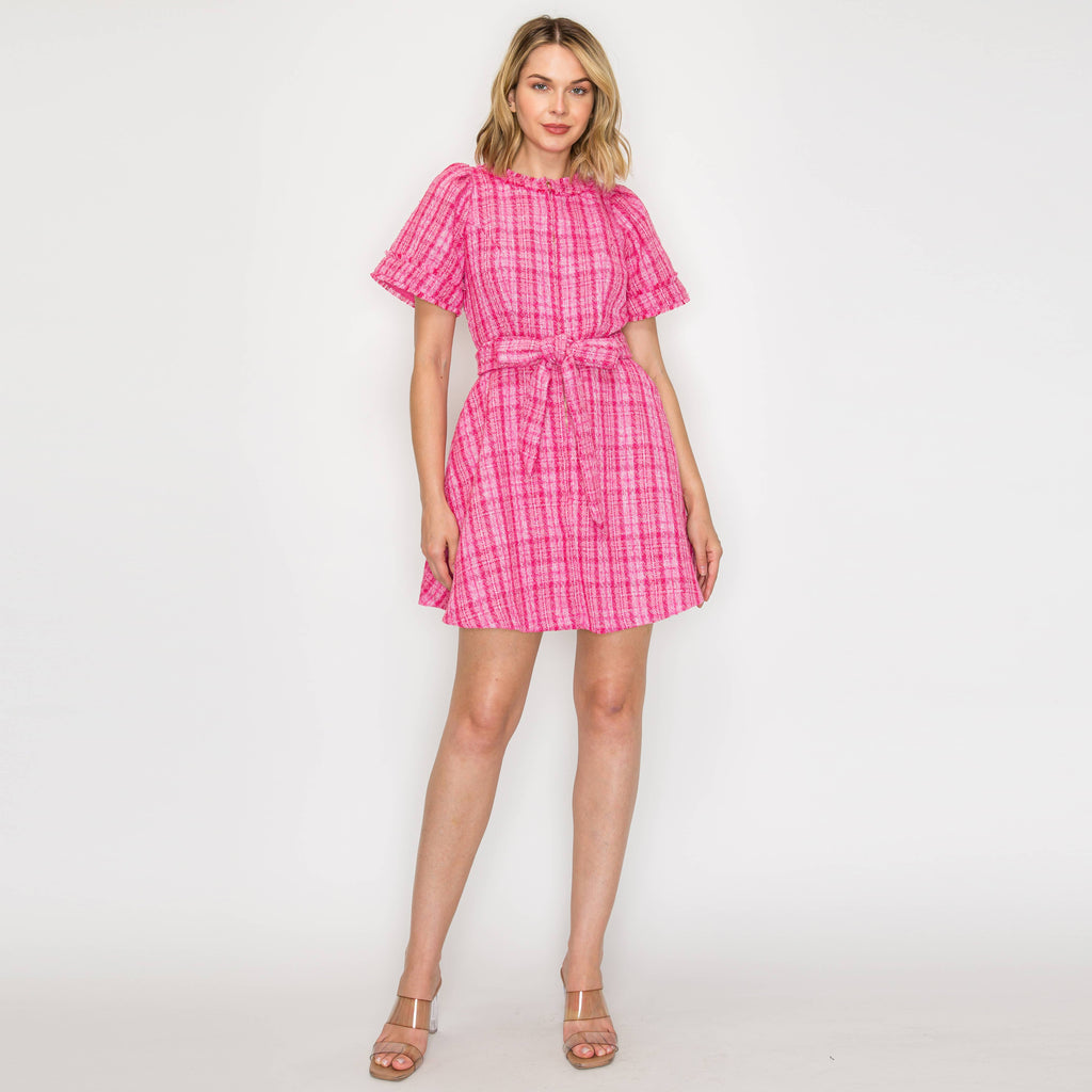 Pretty Pink Checker Boucle Mini Dress