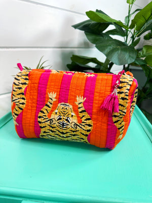 Orange Tiger Print Quilted Cosmetic Bag