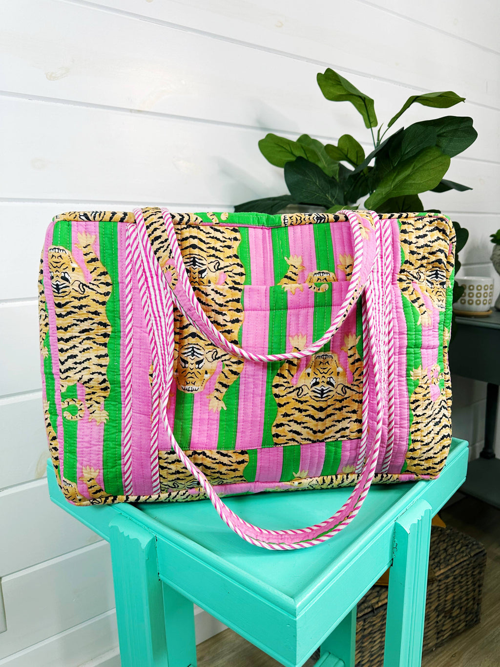 Pink and Green Tiger Quilted Duffle Bag