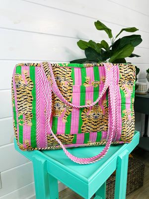 Pink and Green Tiger Quilted Duffle Bag