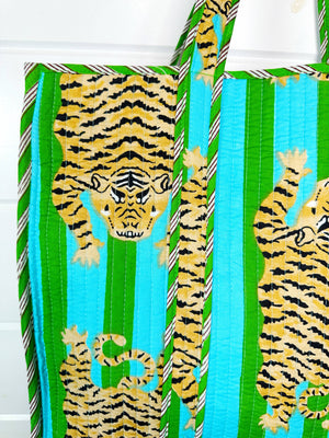 Green and Blue Tiger Quilted Tote Bag