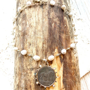 French Coin Medallion Equestrian Necklace