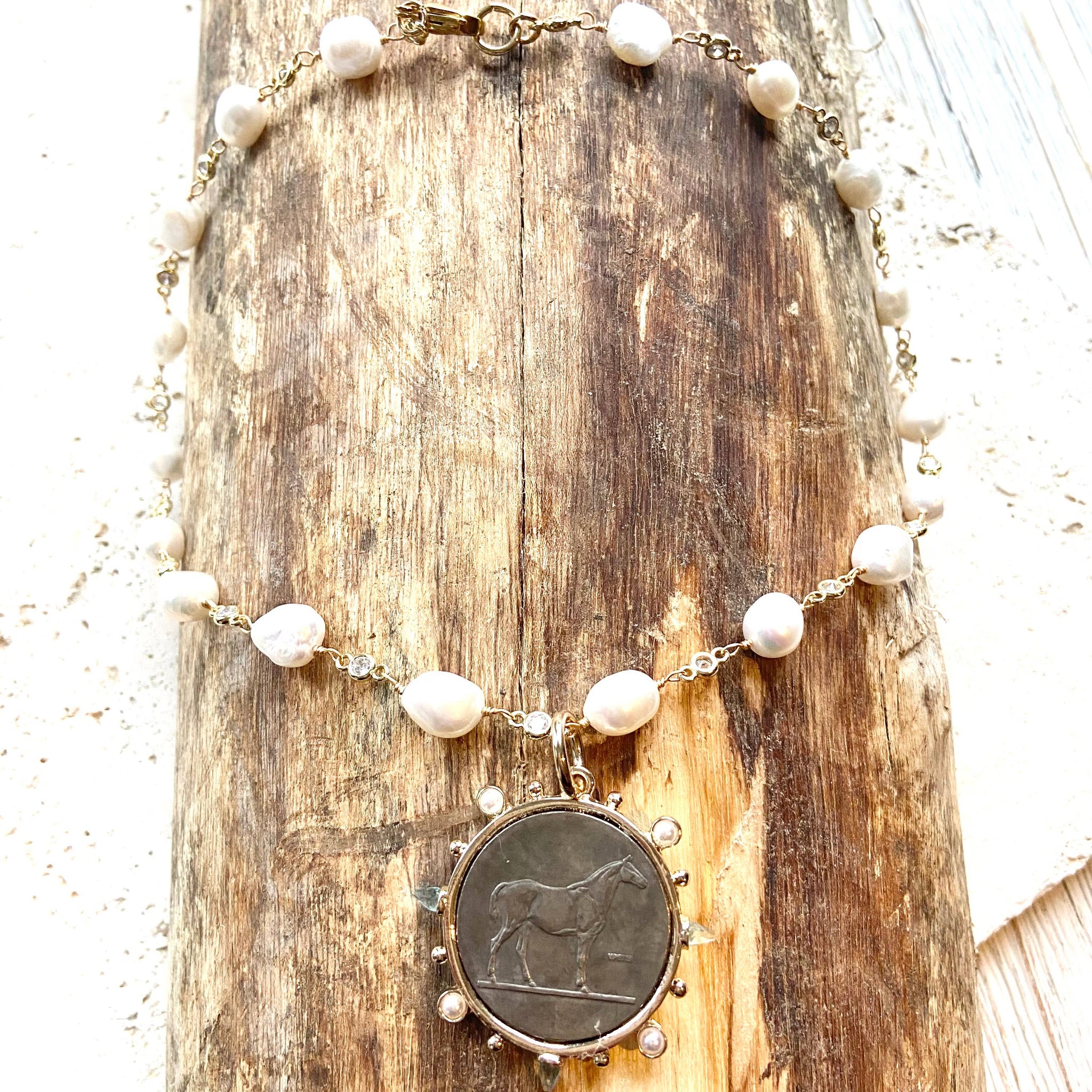 French Coin Medallion Equestrian Necklace