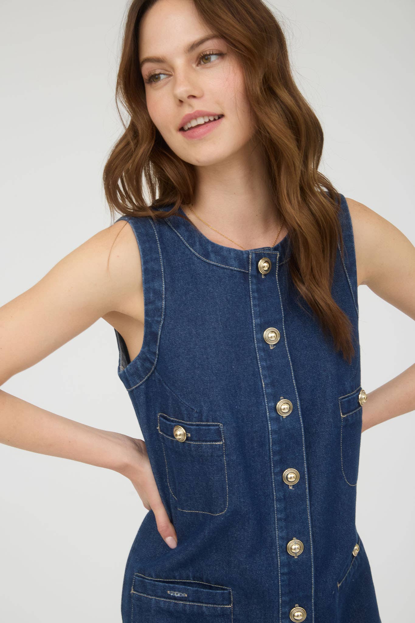Gold Button Denim Mini Dress