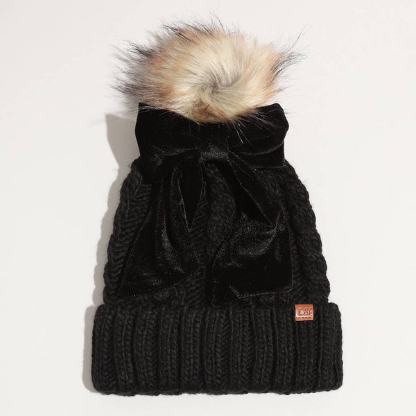 Winter Knitted Beanie Pom Pom Ribbon Bow Scrunchie – Miss  display picture 1