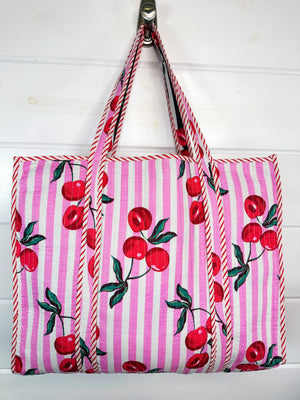 Cherry Print Quilted Tote Bag