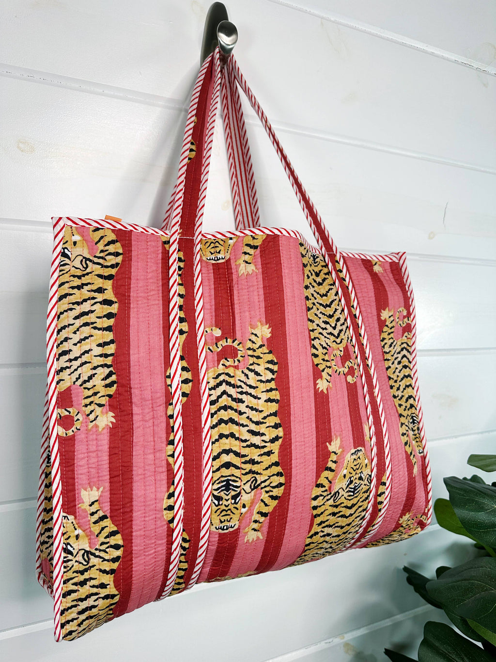 Cranberry Quilted Tiger Print Tote Bag