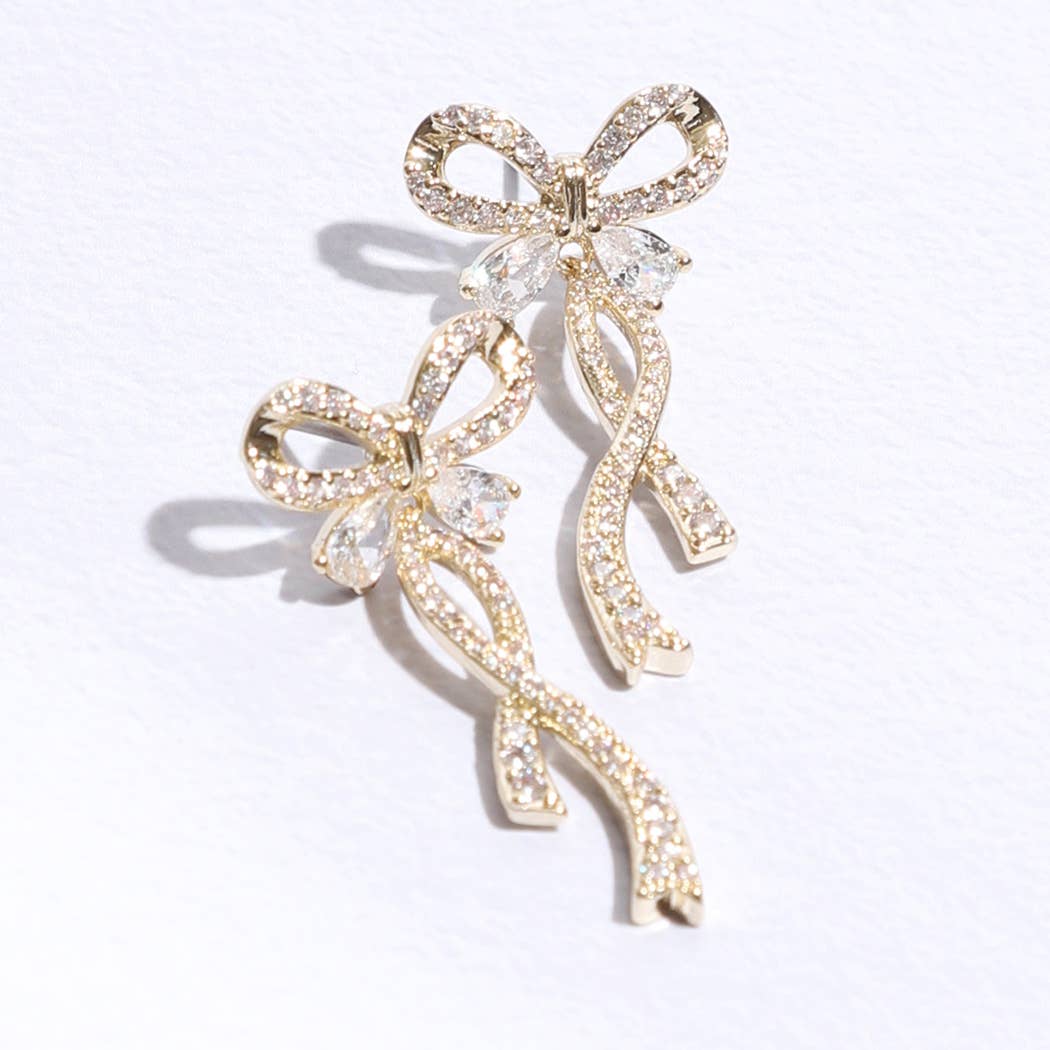 Long Tail Gold Ribbon CZ Post Earrings