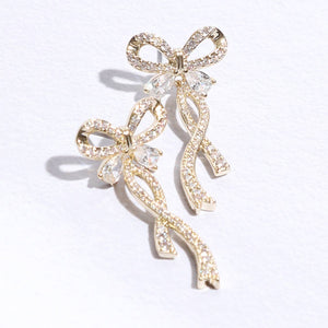 Long Tail Gold Ribbon CZ Post Earrings