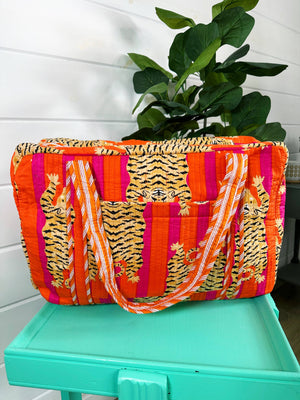 Orange and Pink Quilted Tiger Duffle Bag