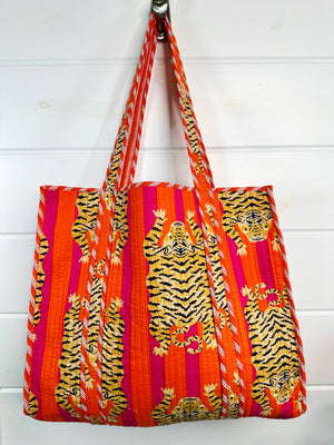 Orange Quilted Tiger Print Tote Bag