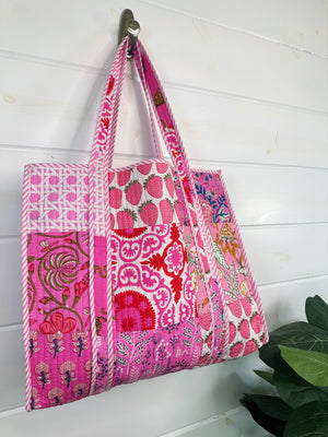 Pink Patchwork Quilted Tote Bag