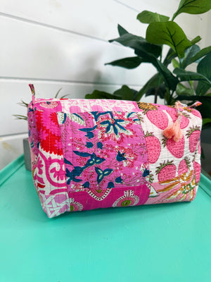 Pink Patchwork Quilted Cosmetic Bag