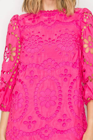 Dragonfruit Pink Daisy Eyelet Mini Dress
