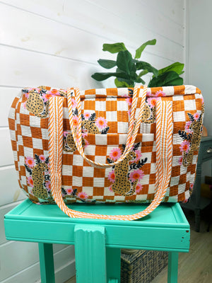 Gold Checkered Jaguar Print Quilted Duffle Bag