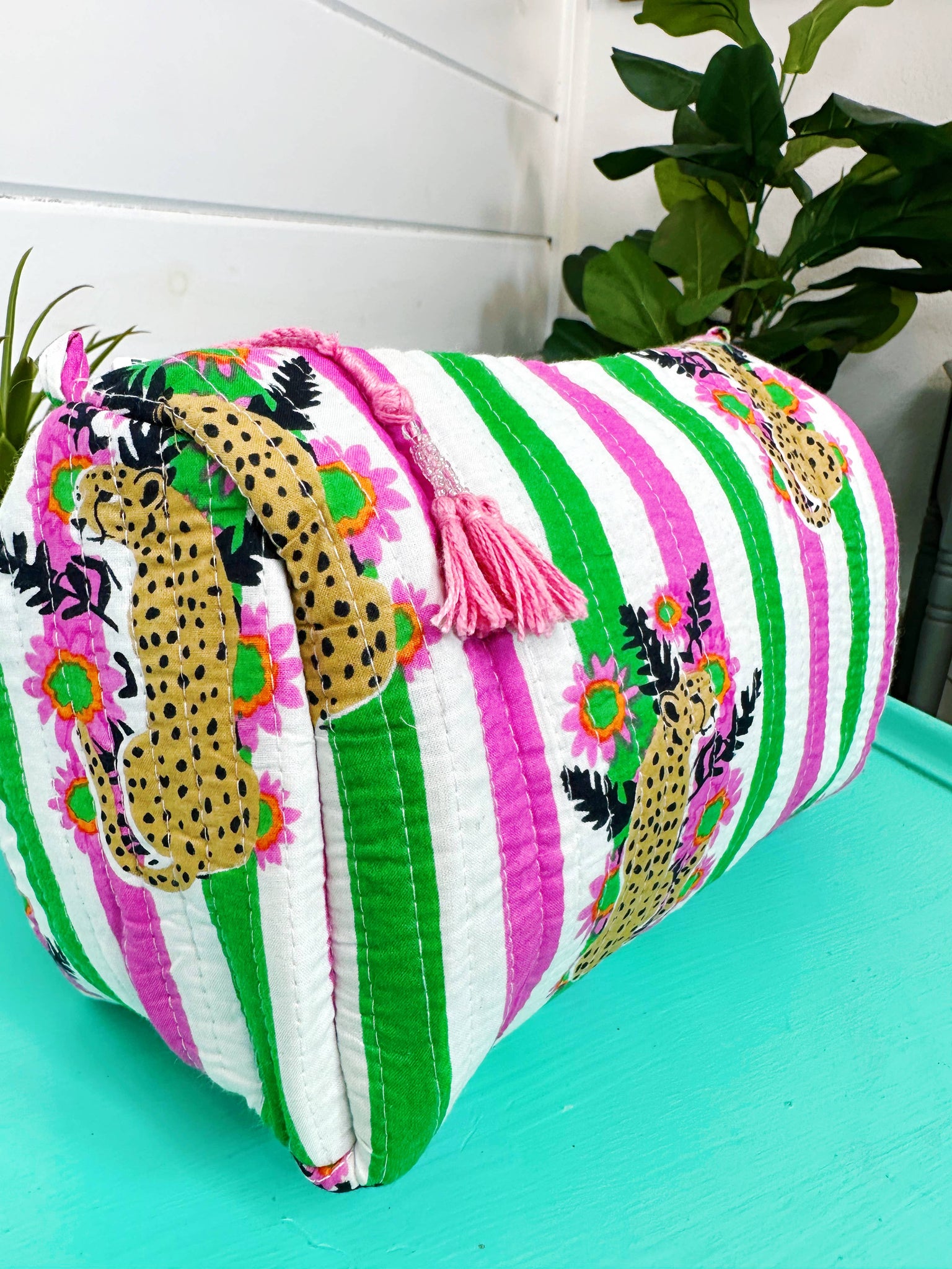 Pink and Green Jaguar Print Quilted Cosmetics Bag