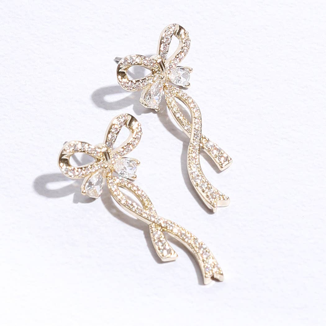 Long Tail Gold Ribbon CZ Post Earrings