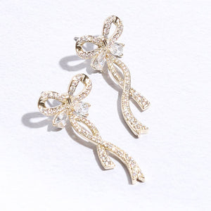 Long Tail Gold Ribbon CZ Post Earrings