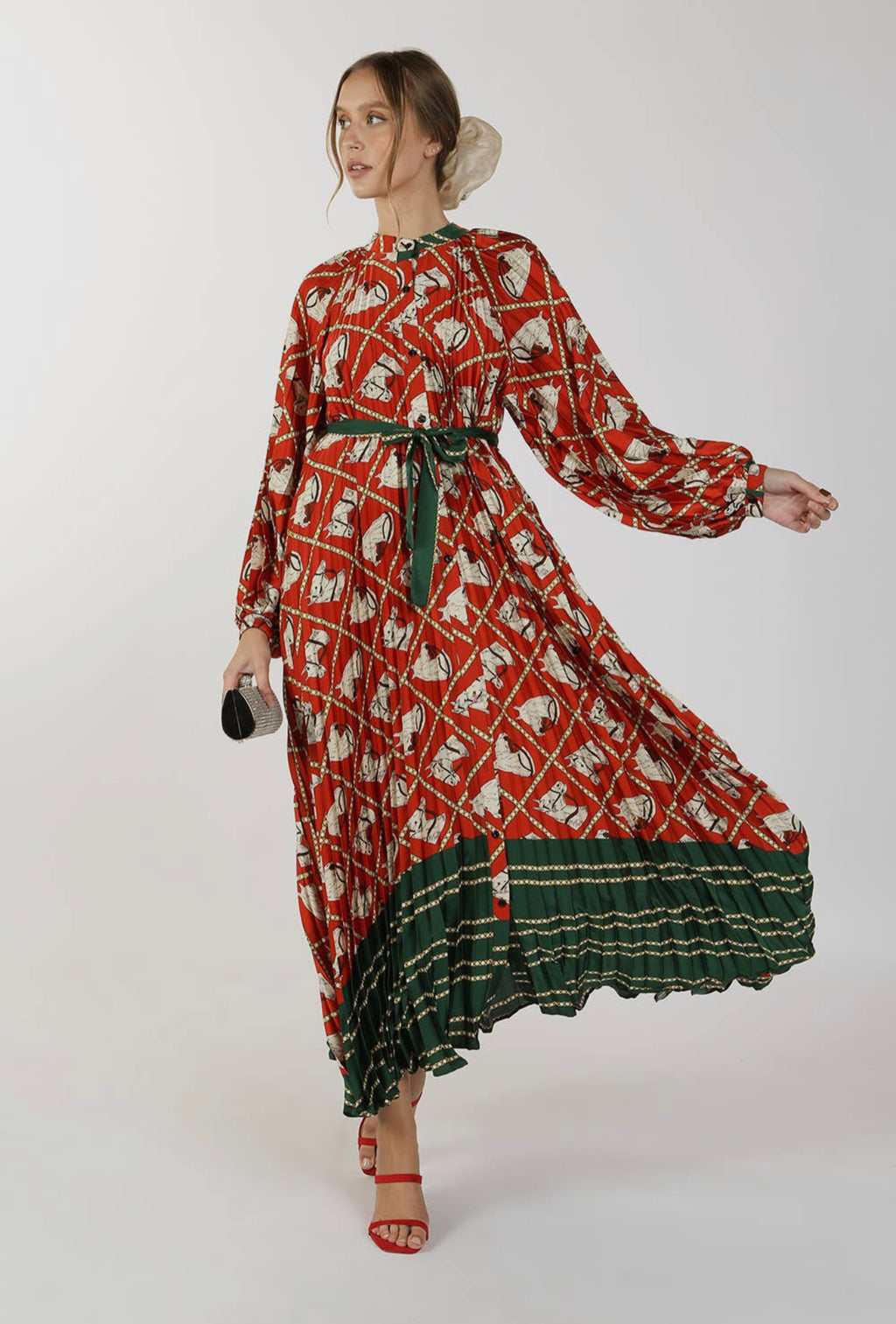Pleated Horse Print Maxi Dress with Waist