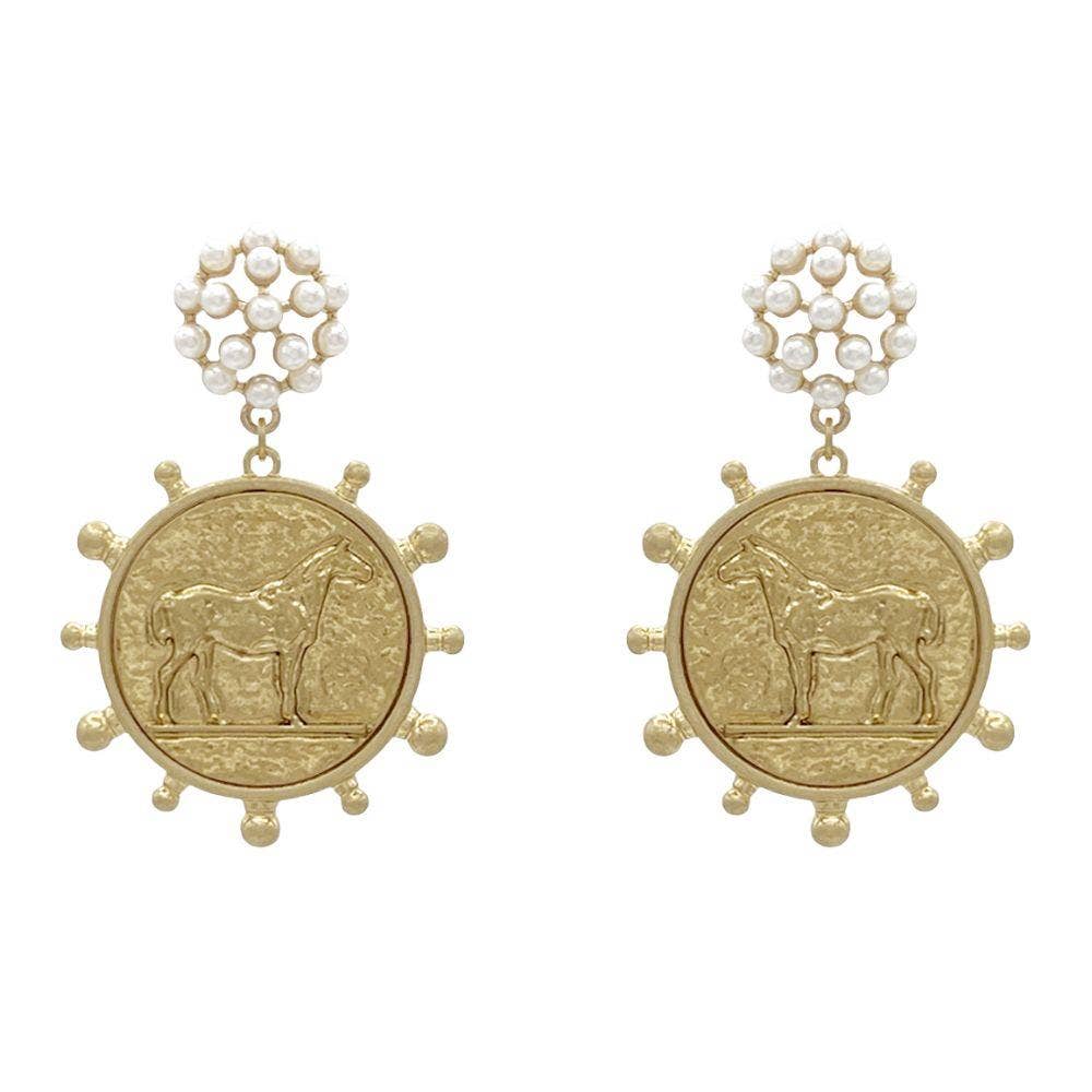 Horse Medallion Pearl Earrings