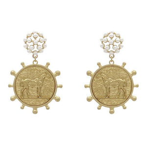 Horse Medallion Pearl Earrings