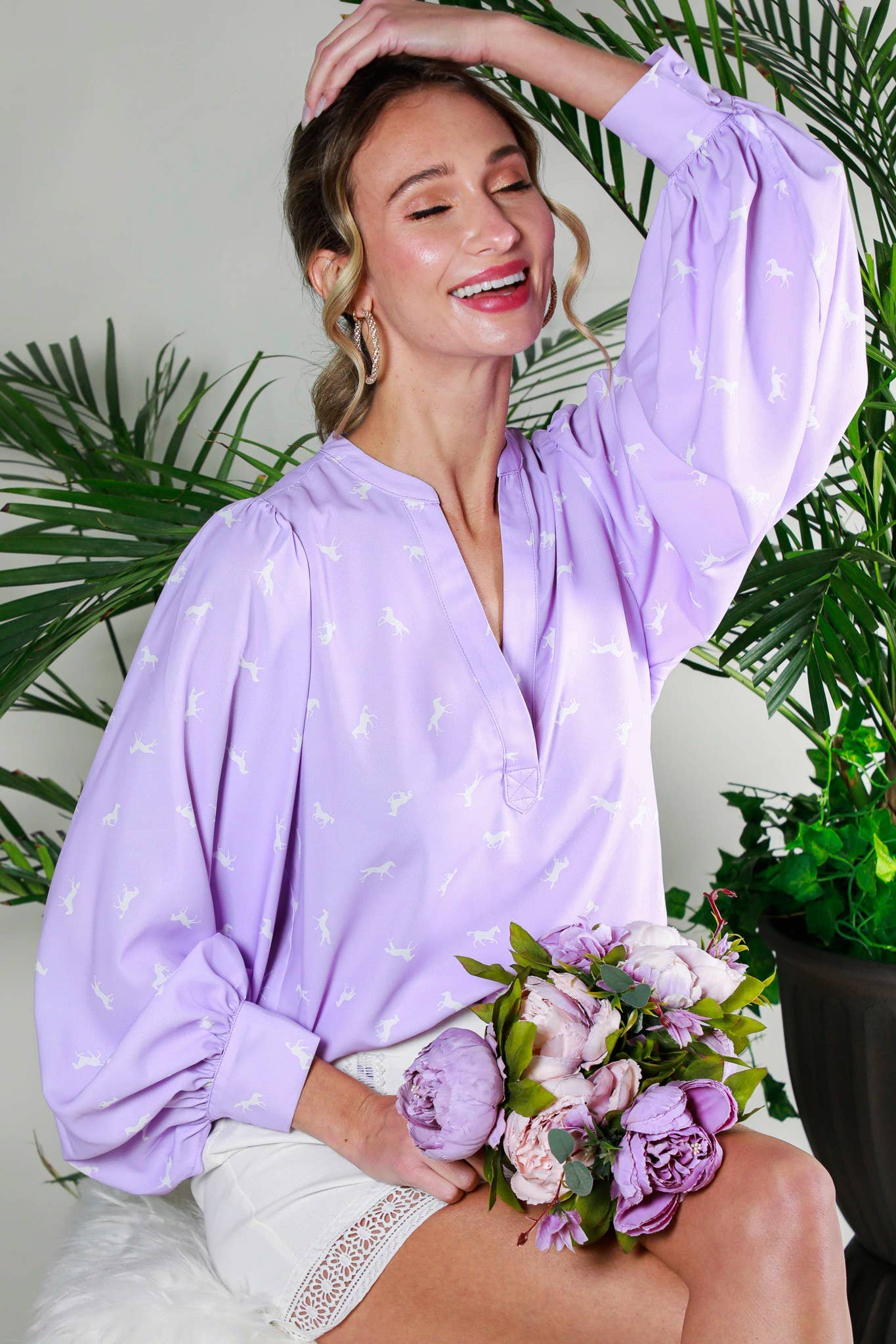 Horse Print Balloon Sleeve Blouse