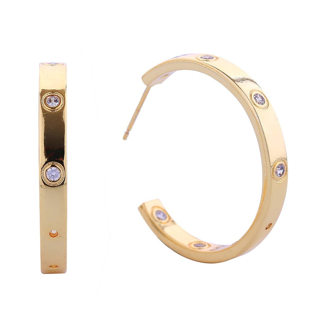 14K Dipped C Shape Band Pave CZ Post Earrings