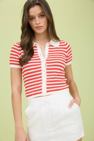 Striped Cropped Knit Cardigan Top