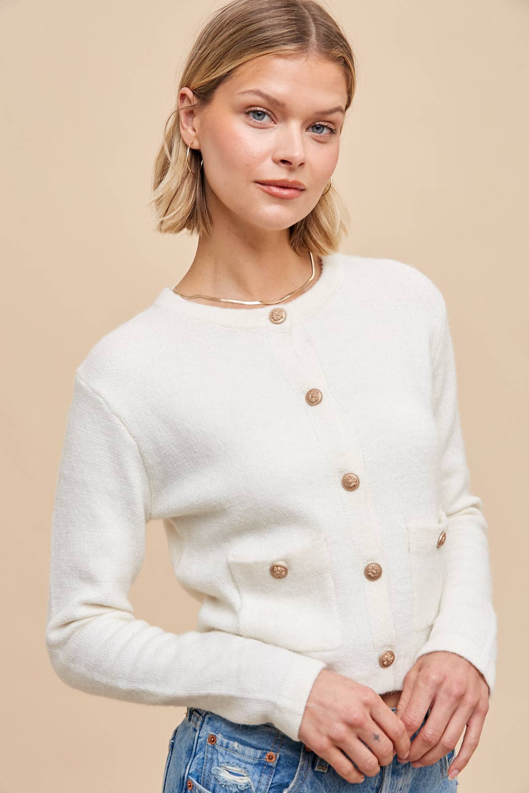 Round Neck Cardigan - white/ blue