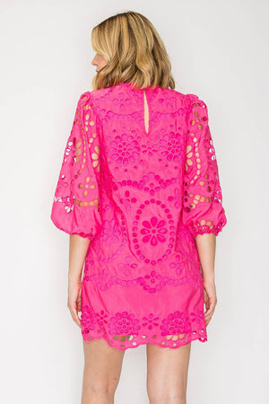 Dragonfruit Pink Daisy Eyelet Mini Dress