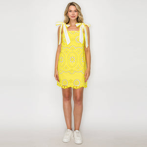 Yellow Daisy Eyelet Embroidery Mini Dress