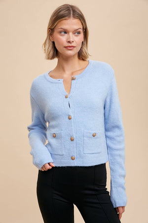 Round Neck Cardigan - white/ blue