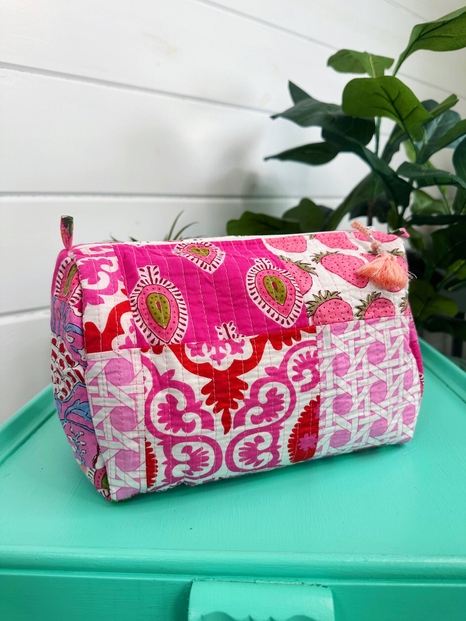 Pink Patchwork Quilted Cosmetic Bag
