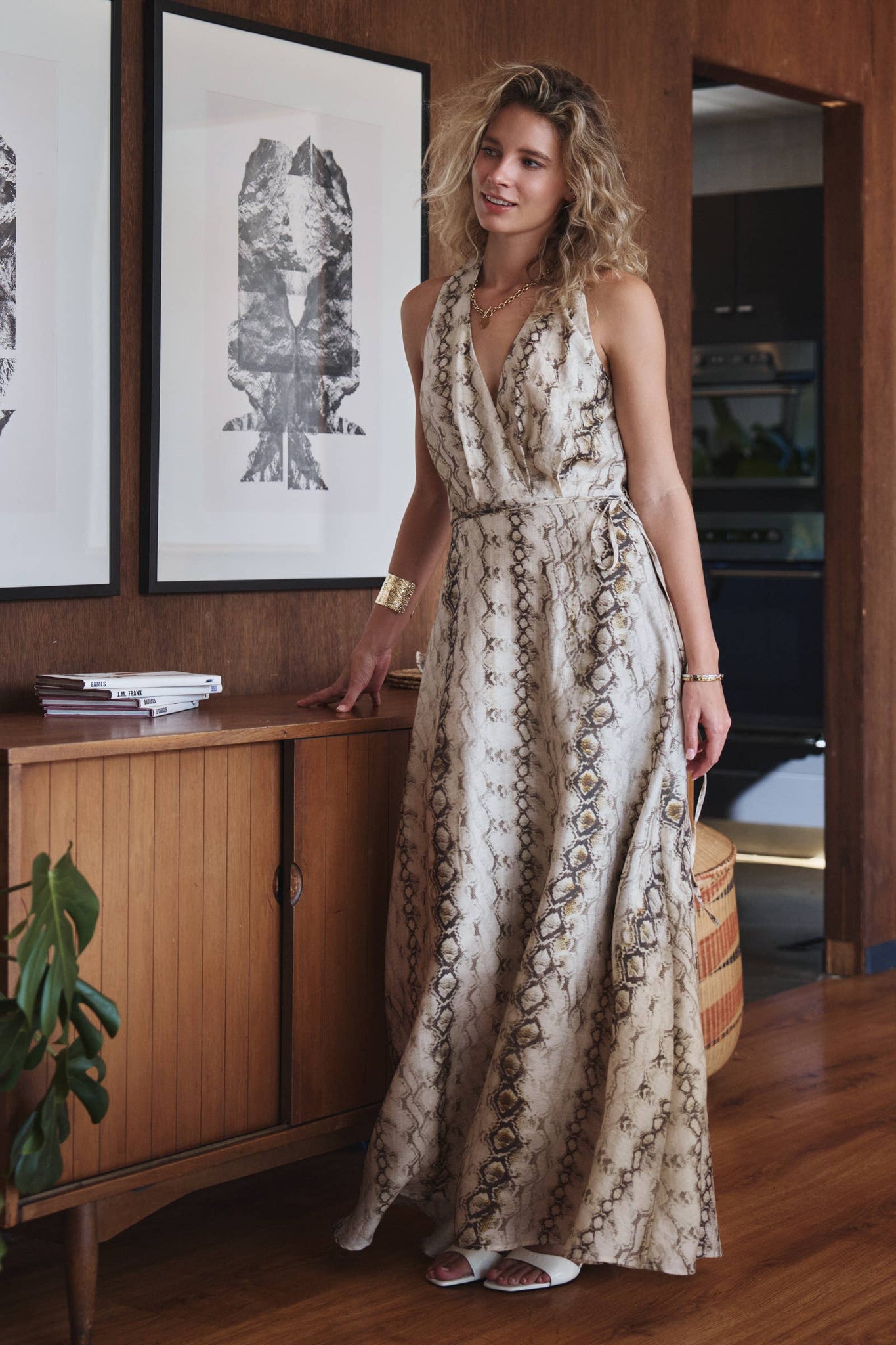 snake print halter neck dress Maxi L henredon