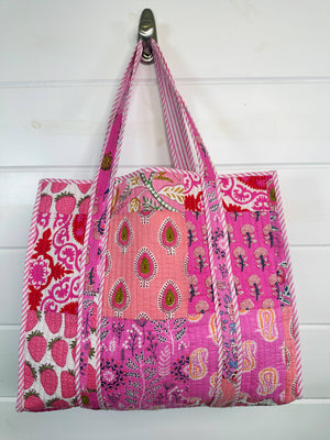 Pink Patchwork Quilted Tote Bag