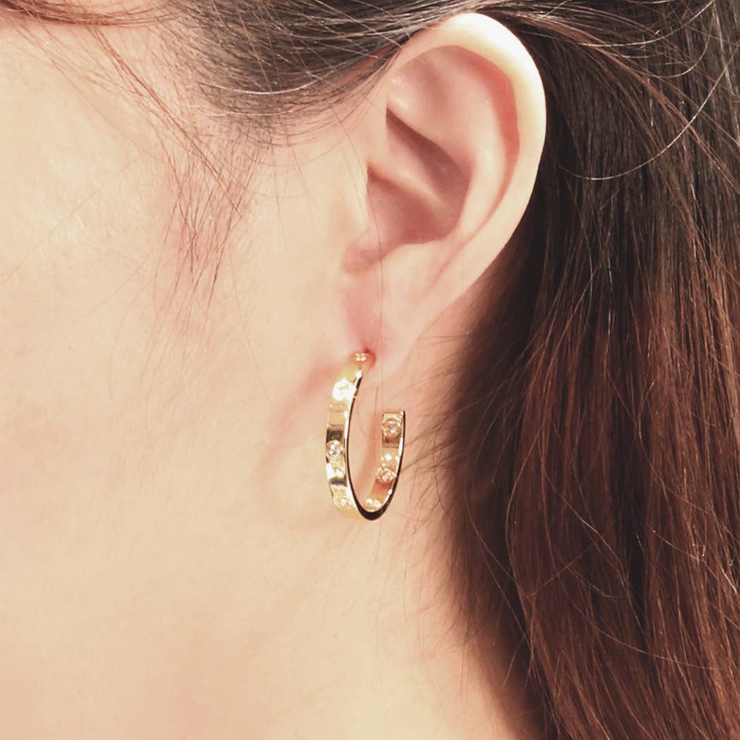 14K Dipped C Shape Band Pave CZ Post Earrings