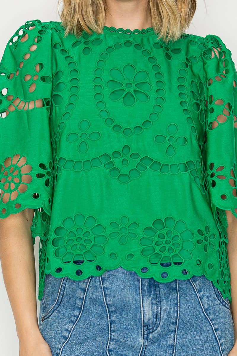 Green Daisy Eyelet Top
