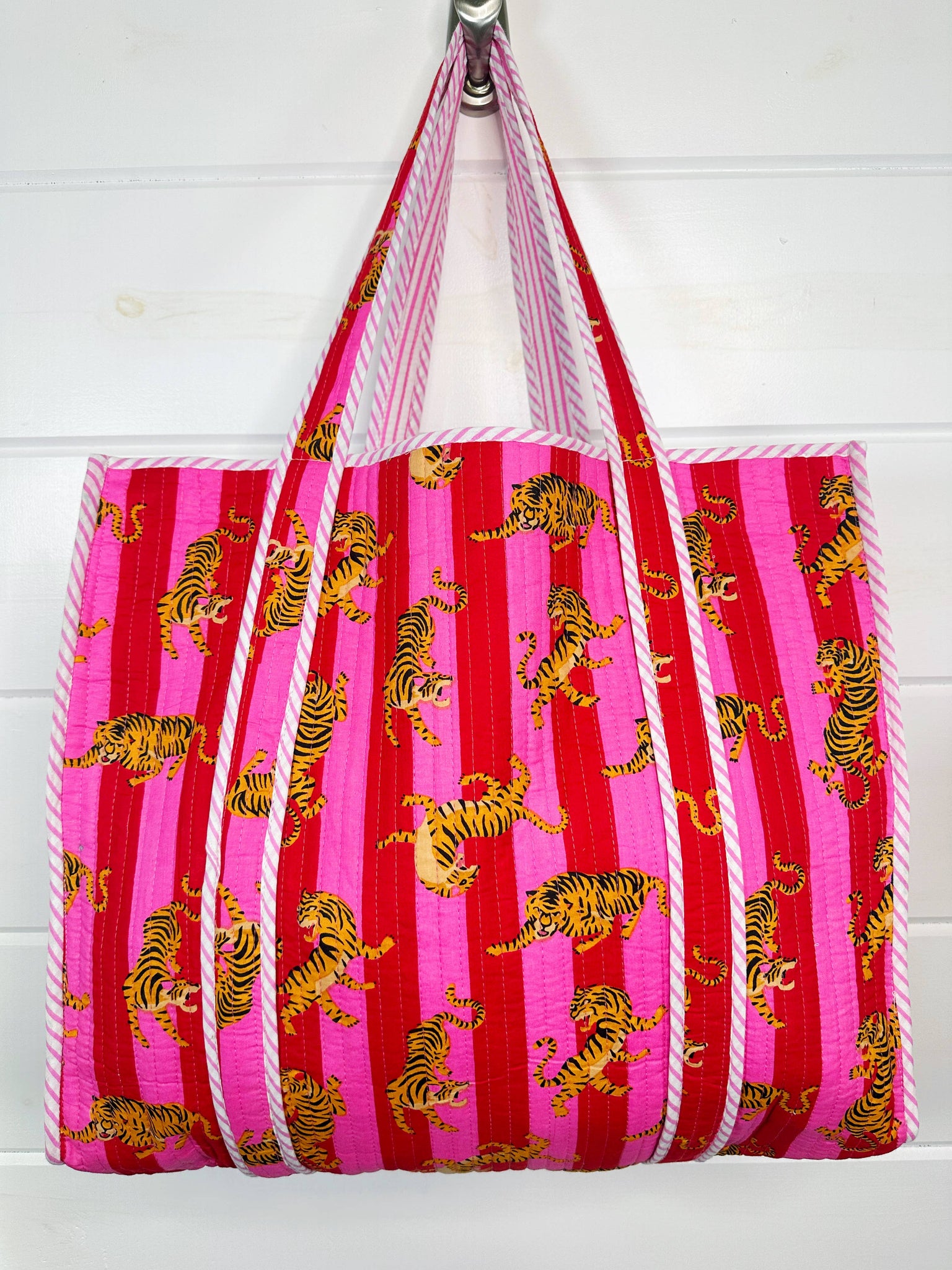 Pink Striped Tiger Quilted Tote Bag