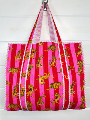 Pink Striped Tiger Quilted Tote Bag
