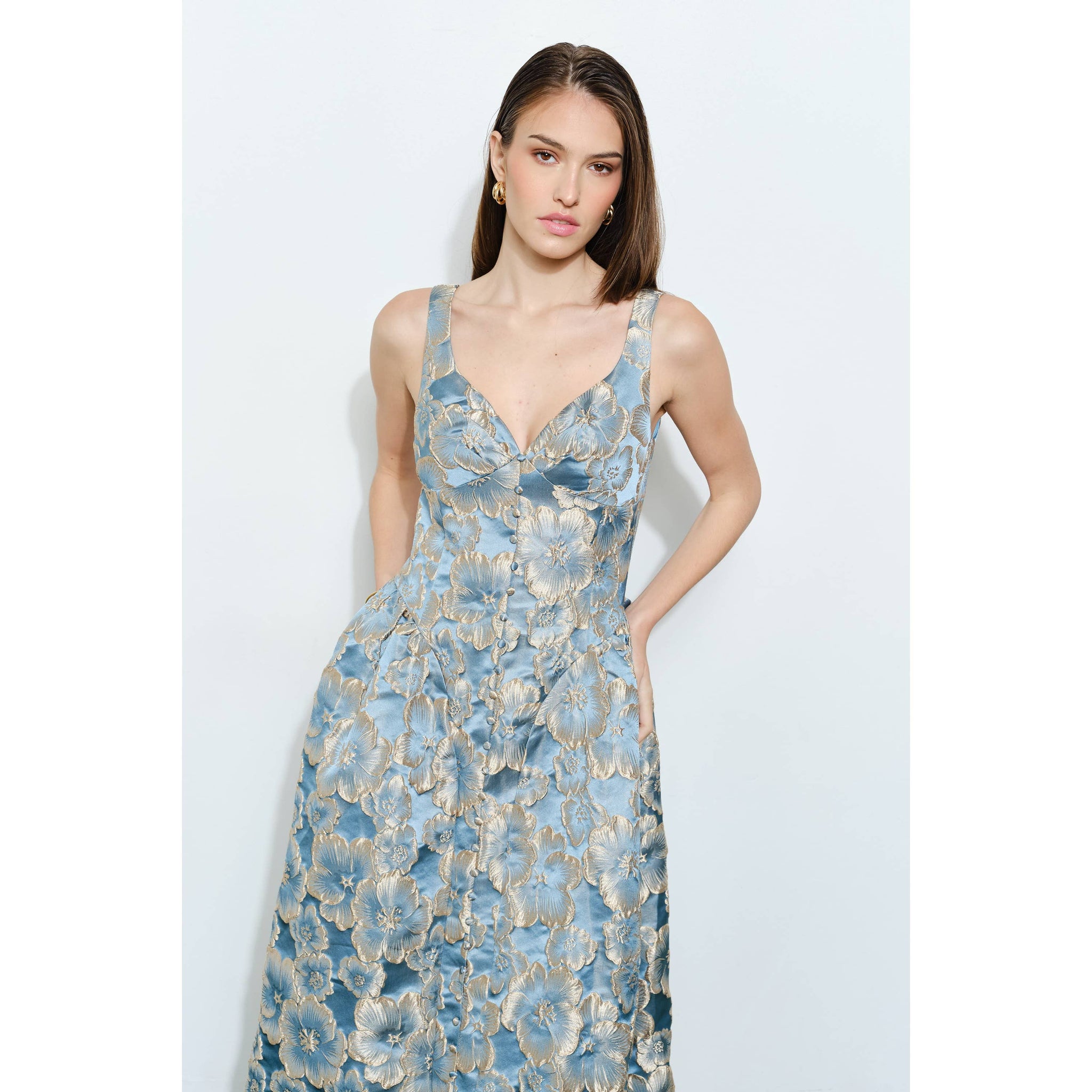 blue midi a line dress Rihoas Satin Cowl Neck Midi Dress for Weddings, Cocktail Parties & Events, Blue / XS