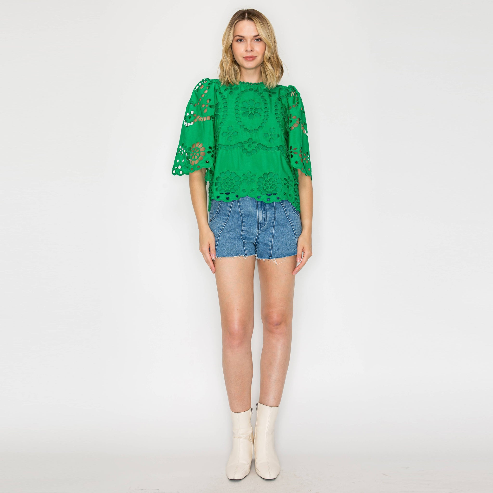 Green Daisy Eyelet Top