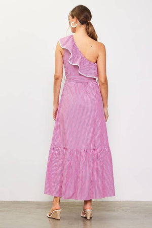 Striped One Shoulder Ruffle Dress