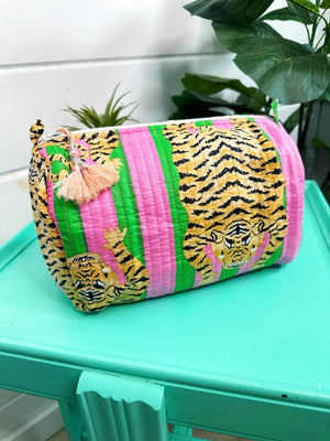 Pink and Green Tiger Print Cosmetic Bag