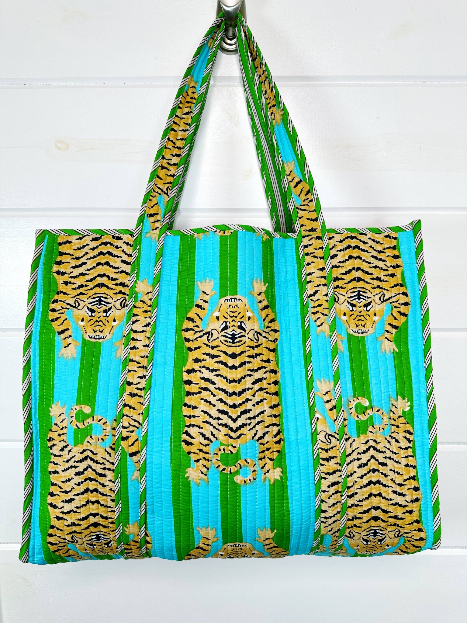 Green and Blue Tiger Quilted Tote Bag