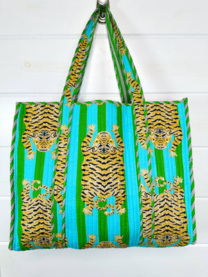 Green and Blue Tiger Quilted Tote Bag