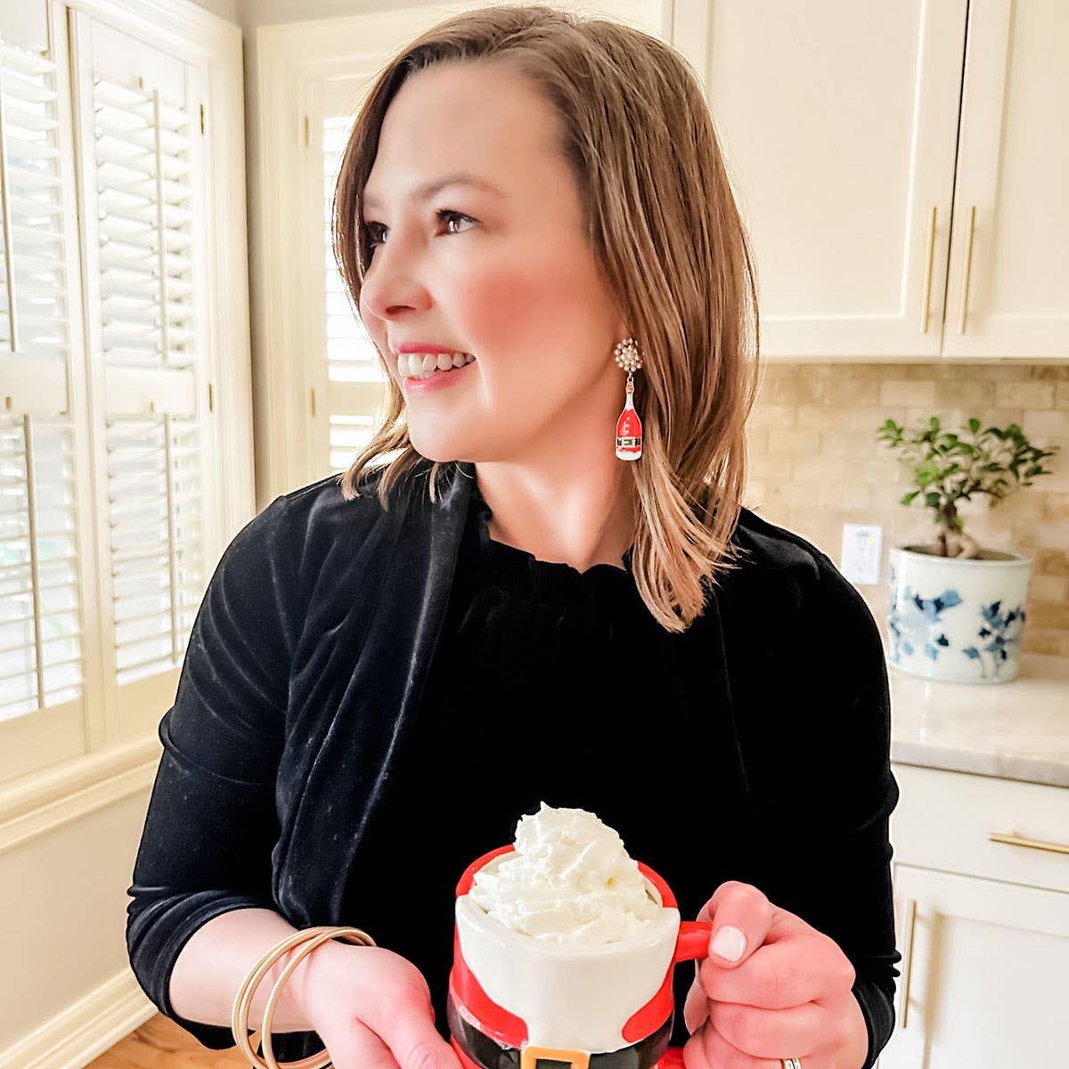 Santa Champagne Bottle Enamel Earrings in Red & White